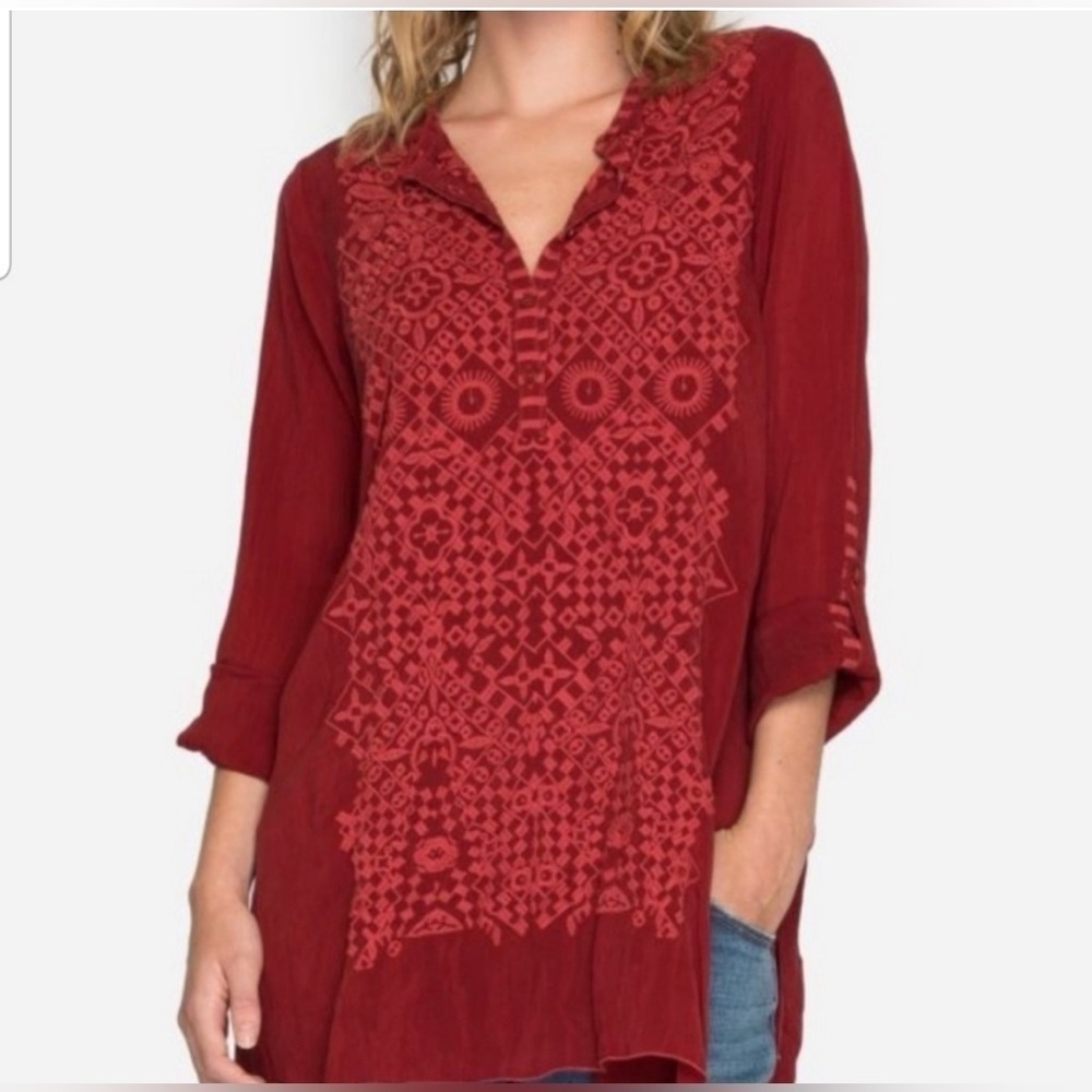 Johnny Was Rona Georgette Floral Embroidered Tunic 
Burgundy Red 
Size Small - Picture 14 of 16